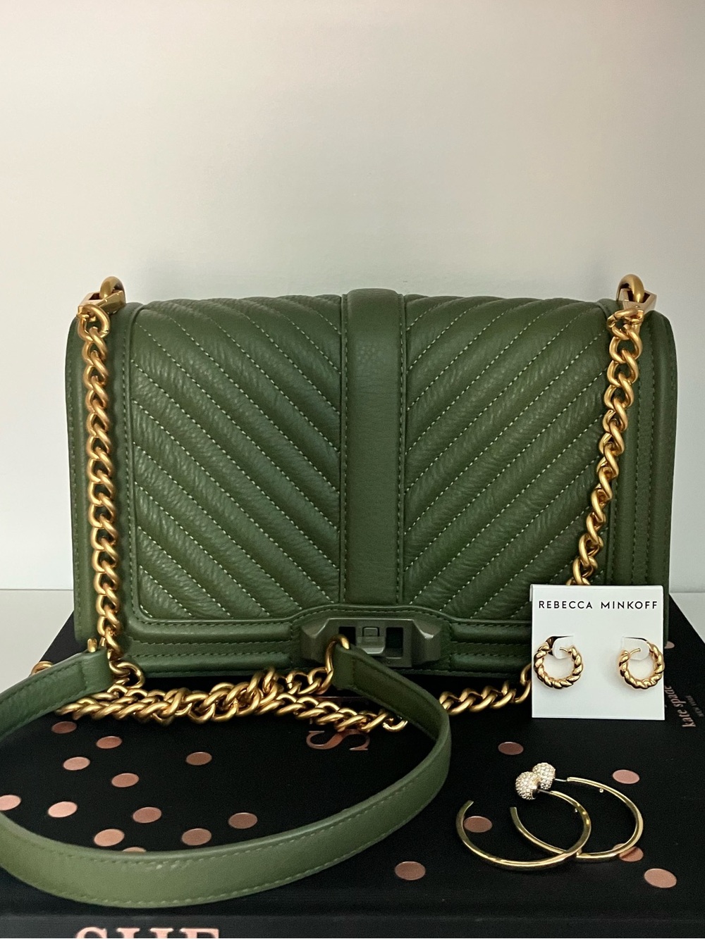 Rebecca Minkoff Olive Green Quilted Crossbody with Gold Chain + Earrings Lot